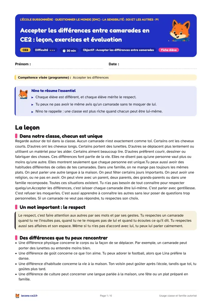 Aperçu de la fiche « Accepter les différences entre camarades en CE2 : leçon, exercices et évaluation » en PDF