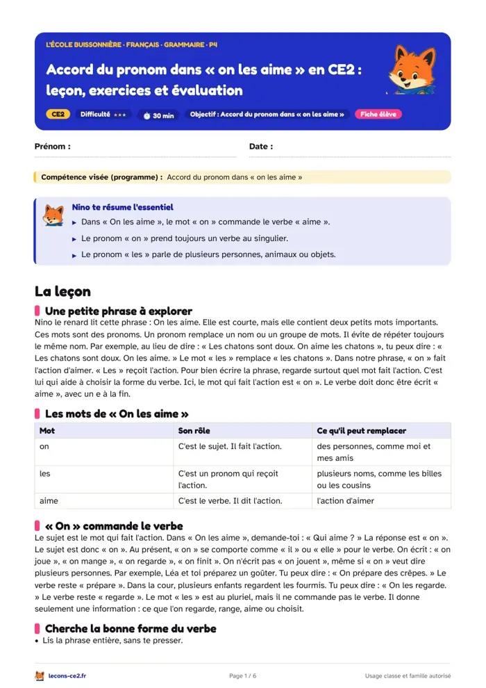 Aperçu de la fiche « Accord du pronom dans « on les aime » en CE2 : leçon, exercices et évaluation » en PDF