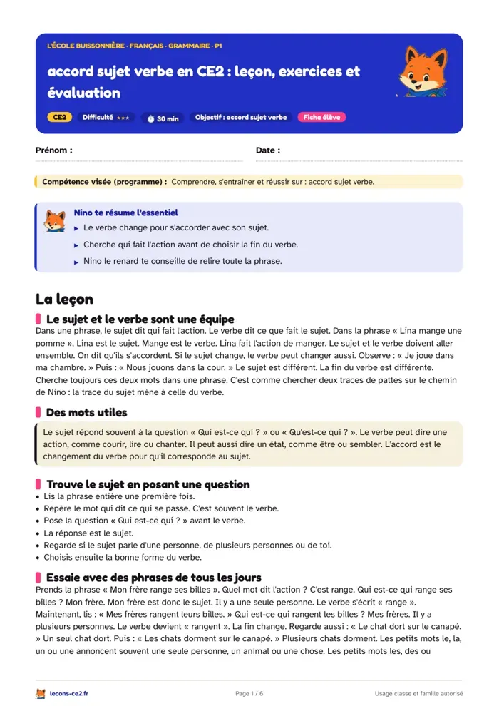 Aperçu de la fiche « Accord sujet verbe en CE2 : leçon, exercices et évaluation » en PDF