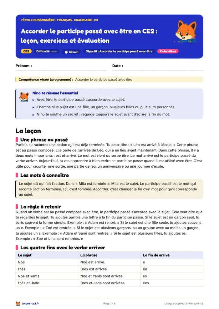 Aperçu de la fiche « Accorder le participe passé avec être en CE2 : leçon, exercices et évaluation » en PDF