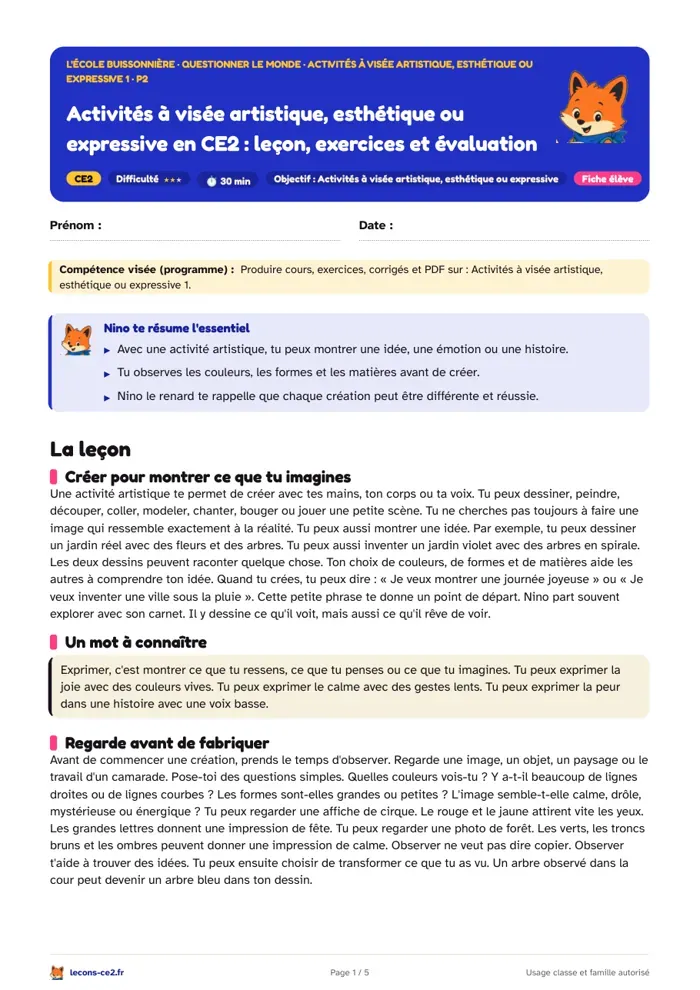 Aperçu de la fiche « Activités à visée artistique, esthétique ou expressive en CE2 : leçon, exercices et évaluation » en PDF