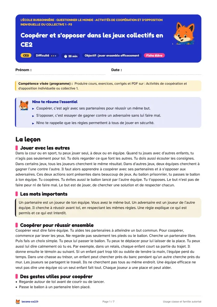 Aperçu de la fiche « Coopérer et s’opposer dans les jeux collectifs en CE2 » en PDF