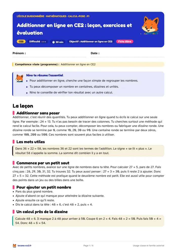Aperçu de la fiche « Additionner en ligne en CE2 : leçon, exercices et évaluation » en PDF