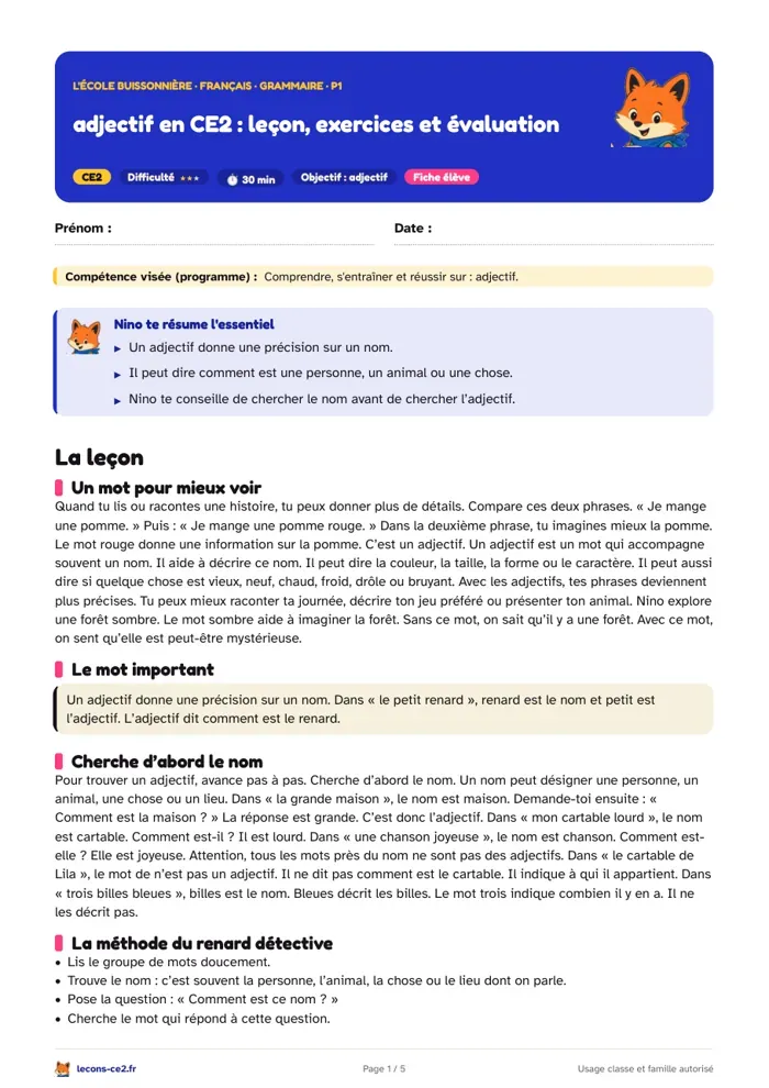 Aperçu de la fiche « Adjectif en CE2 : leçon, exercices et évaluation » en PDF