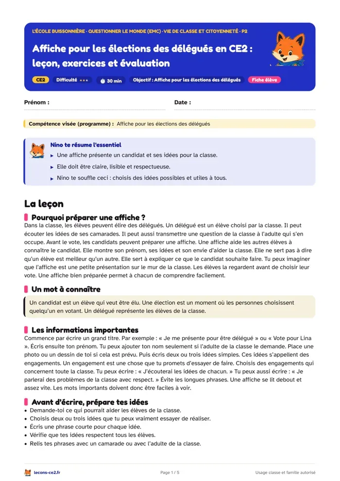 Aperçu de la fiche « Affiche pour les élections des délégués en CE2 : leçon, exercices et évaluation » en PDF