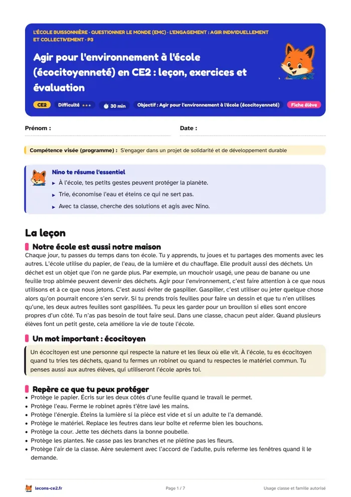 Aperçu de la fiche « Agir pour l'environnement à l'école (écocitoyenneté) en CE2 : leçon, exercices et évaluation » en PDF