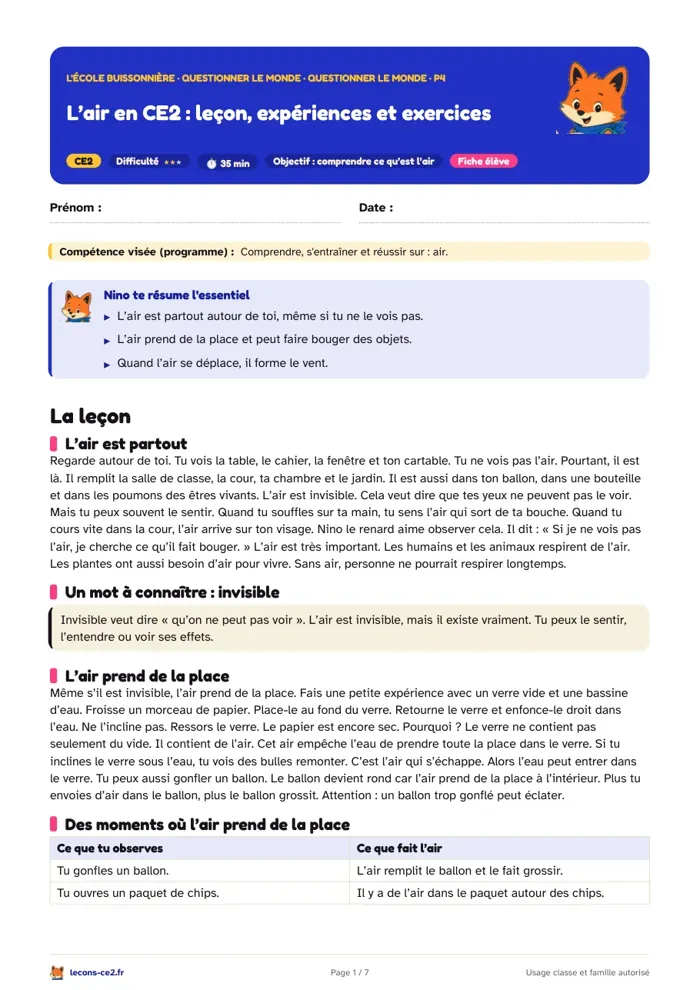Aperçu de la fiche « L’air en CE2 : leçon, expériences et exercices » en PDF