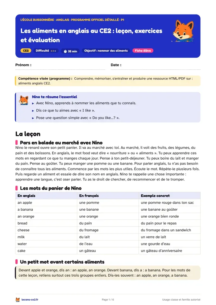 Aperçu de la fiche « Les aliments en anglais au CE2 : leçon, exercices et évaluation » en PDF