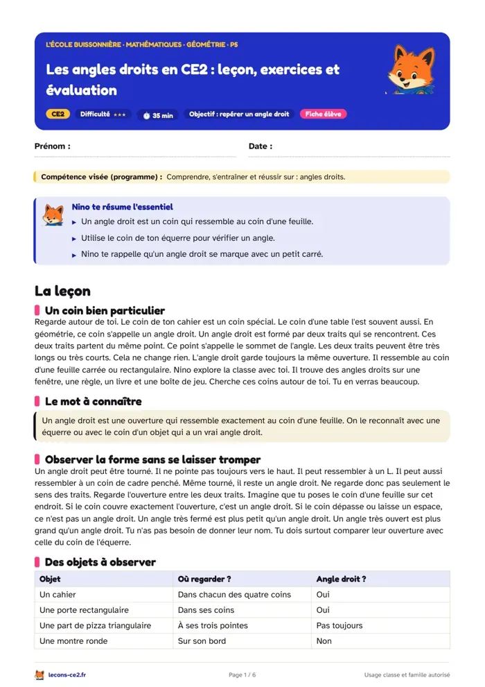 Aperçu de la fiche « Angles droits en CE2 : leçon, exercices et évaluation » en PDF