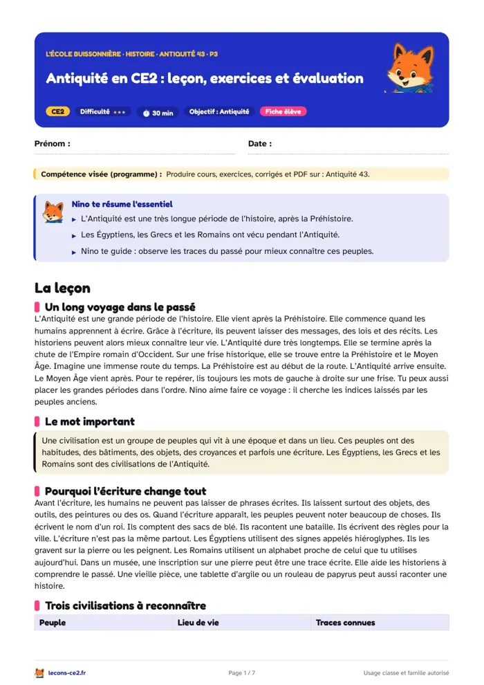 Aperçu de la fiche « L’Antiquité en CE2 : l’écriture, les Égyptiens du Nil et les cités grecques » en PDF