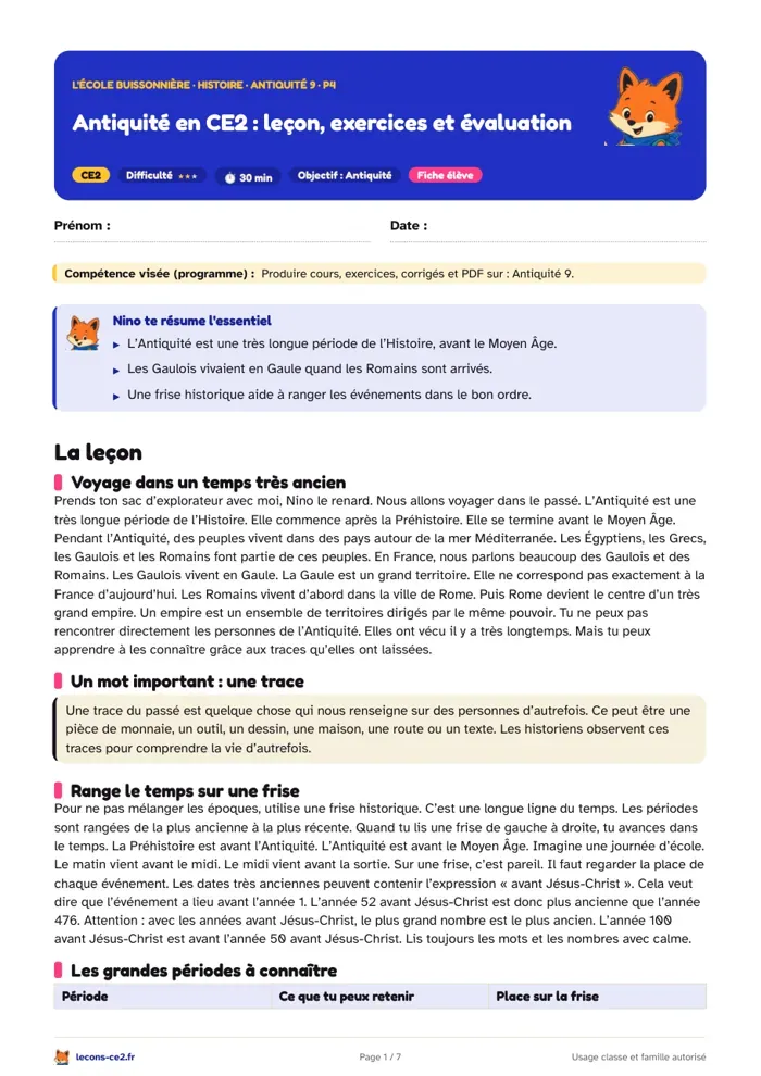 Aperçu de la fiche « L’Antiquité en CE2 : les traces, les Gaulois et l’arrivée des Romains » en PDF