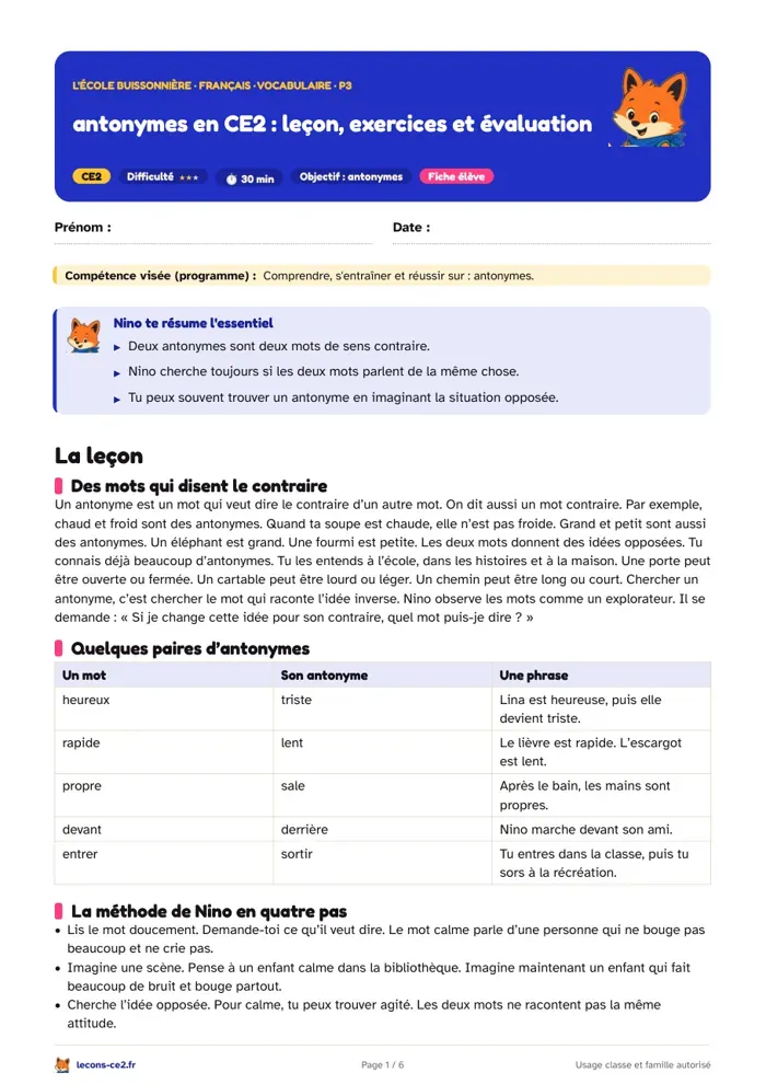 Aperçu de la fiche « Trouver les bons antonymes en CE2 sans les confondre avec les synonymes » en PDF