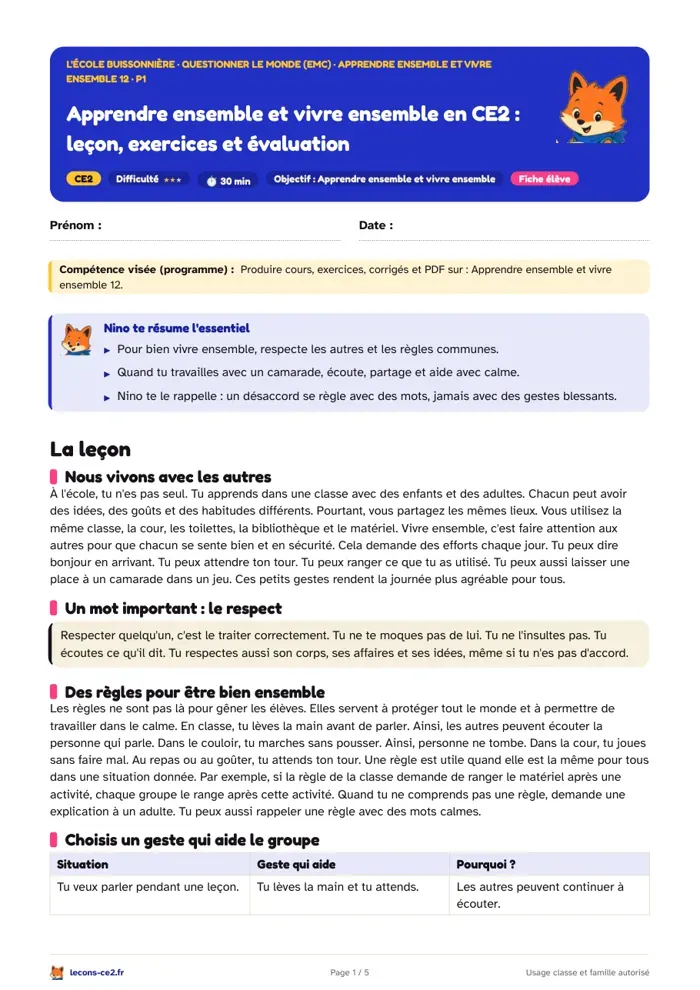 Aperçu de la fiche « Apprendre et vivre ensemble en CE2 : coopérer et dire ce qu’on ressent » en PDF