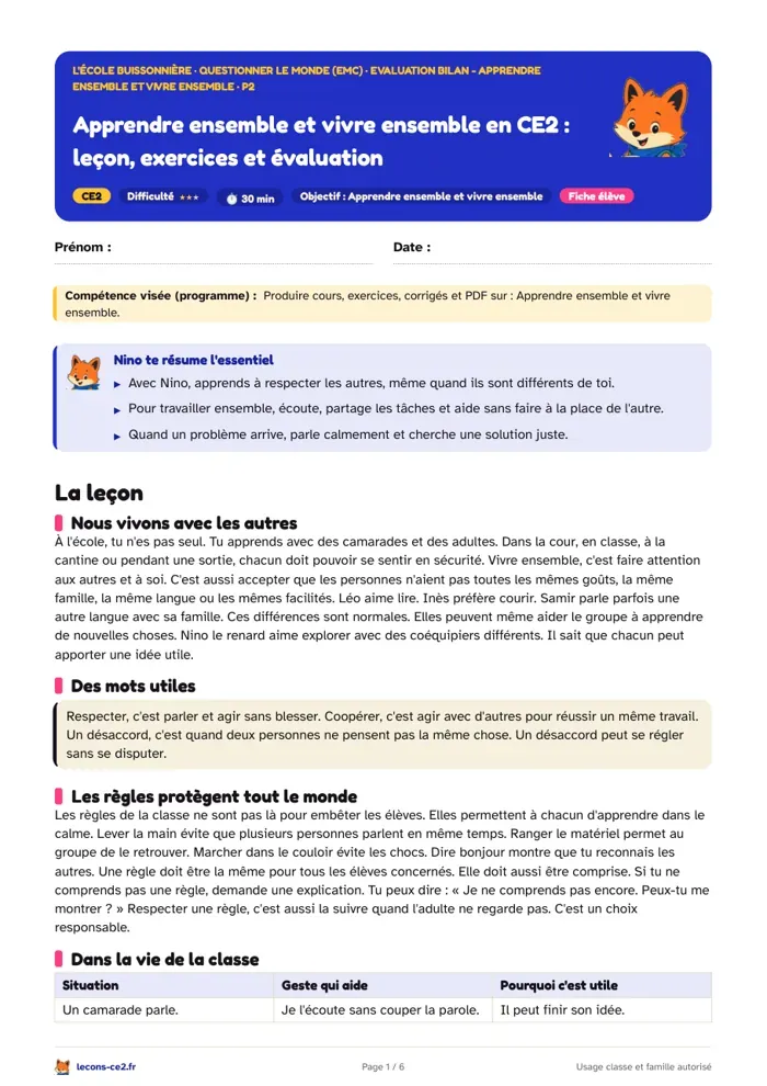 Aperçu de la fiche « Apprendre et vivre ensemble en CE2 : respecter les autres et leurs affaires » en PDF