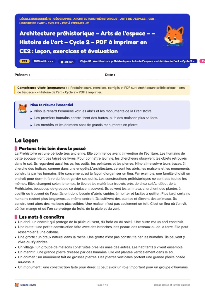 Aperçu de la fiche « L’architecture préhistorique en CE2 : des huttes aux monuments en pierre » en PDF