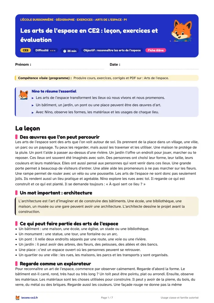 Aperçu de la fiche « Les arts de l’espace en CE2 : leçon, exercices et évaluation » en PDF