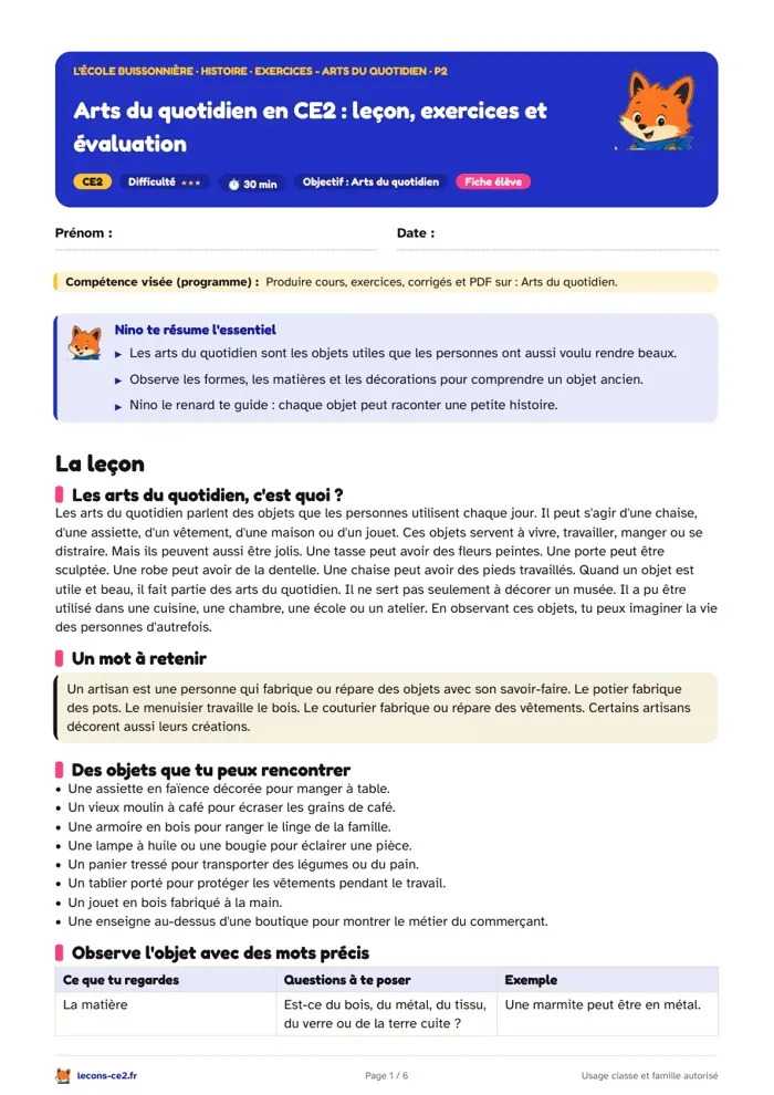 Aperçu de la fiche « Arts du quotidien en CE2 : leçon, exercices et évaluation » en PDF