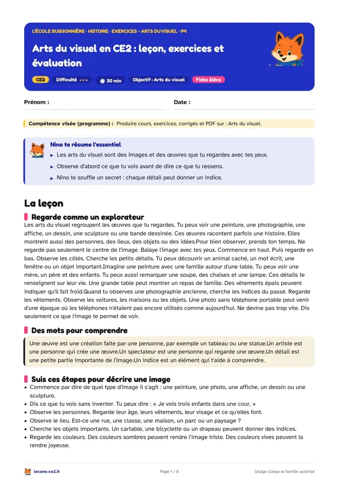 Aperçu de la fiche « Arts du visuel en CE2 : leçon, exercices et évaluation » en PDF
