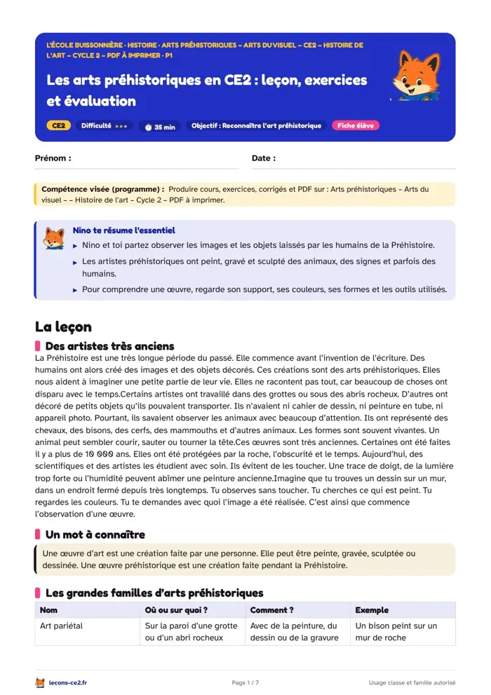 Aperçu de la fiche « Les arts préhistoriques en CE2 : leçon, exercices et évaluation » en PDF