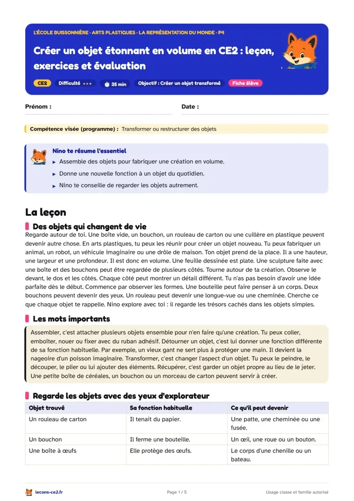Aperçu de la fiche « Créer un objet étonnant en volume en CE2 : leçon, exercices et évaluation » en PDF