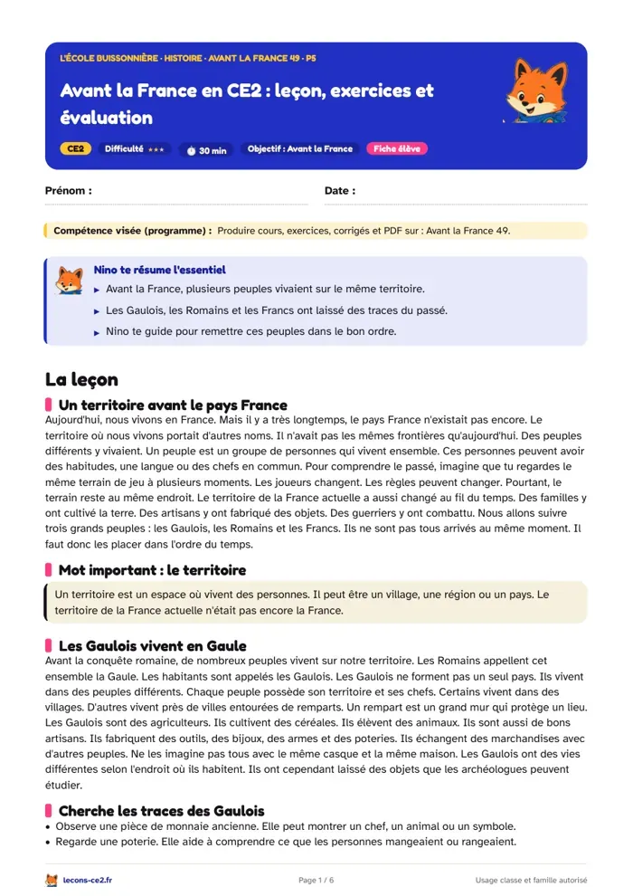 Aperçu de la fiche « Avant la France en CE2 : leçon, exercices et évaluation » en PDF