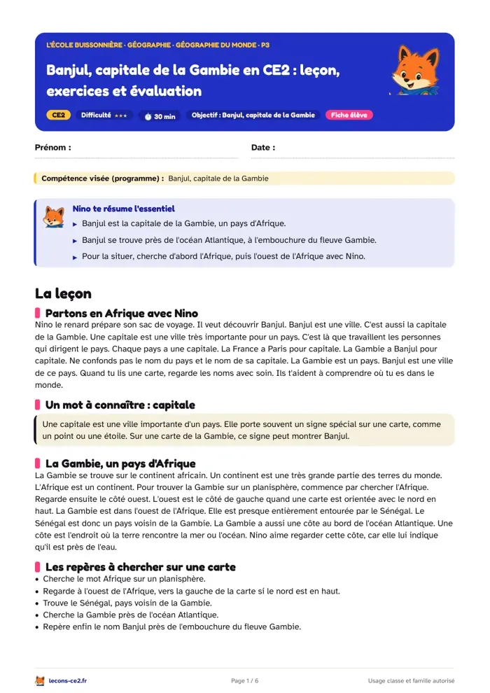 Aperçu de la fiche « Banjul, capitale de la Gambie en CE2 : leçon, exercices et évaluation » en PDF