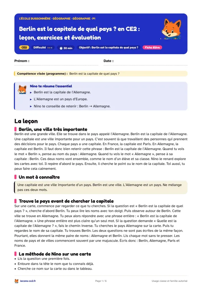 Aperçu de la fiche « Berlin est la capitale de quel pays ? en CE2 : leçon, exercices et évaluation » en PDF