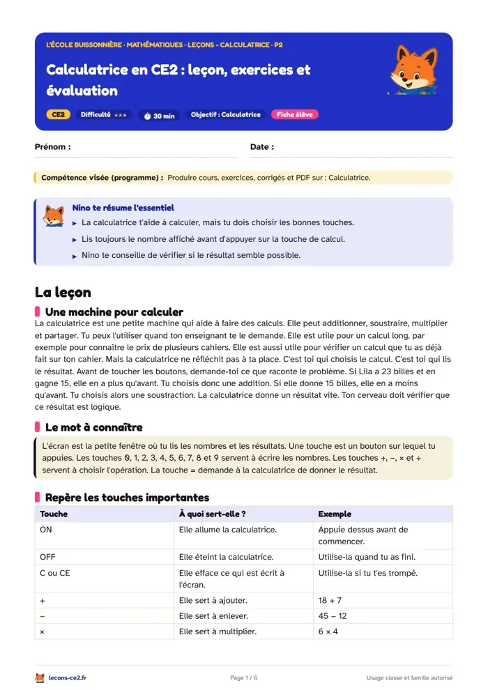 Aperçu de la fiche « Calculatrice en CE2 : leçon, exercices et évaluation » en PDF