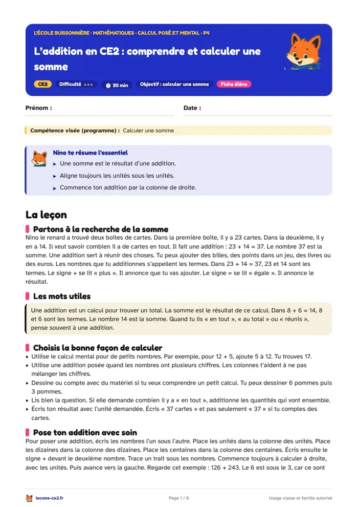 Aperçu de la fiche « Calculer une somme en CE2 : leçon, exercices et évaluation » en PDF