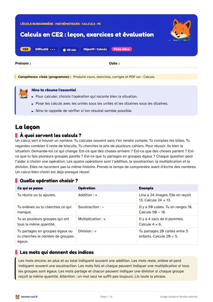 Aperçu de la fiche « Calculs en CE2 : leçon, exercices et évaluation » en PDF