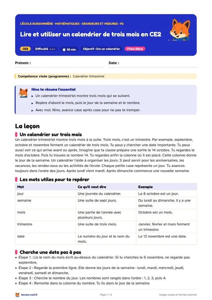 Aperçu de la fiche « Lire et utiliser un calendrier de trois mois en CE2 » en PDF