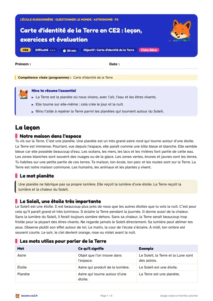 Aperçu de la fiche « Carte d'identité de la Terre en CE2 : sa place parmi les planètes, le jour et la nuit » en PDF