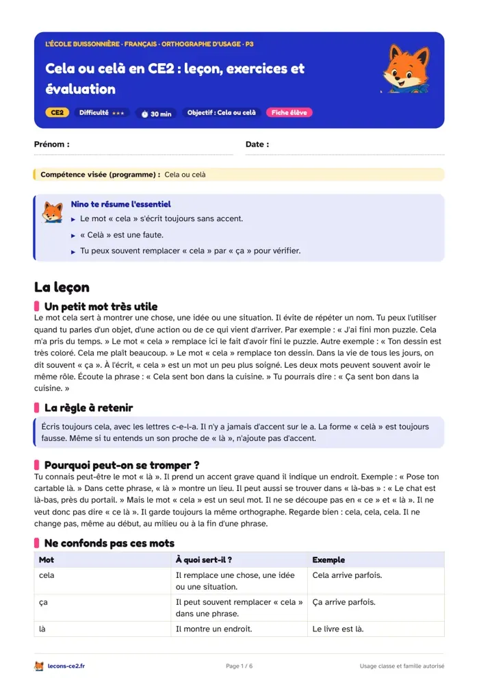 Aperçu de la fiche « Cela ou celà en CE2 : leçon, exercices et évaluation » en PDF