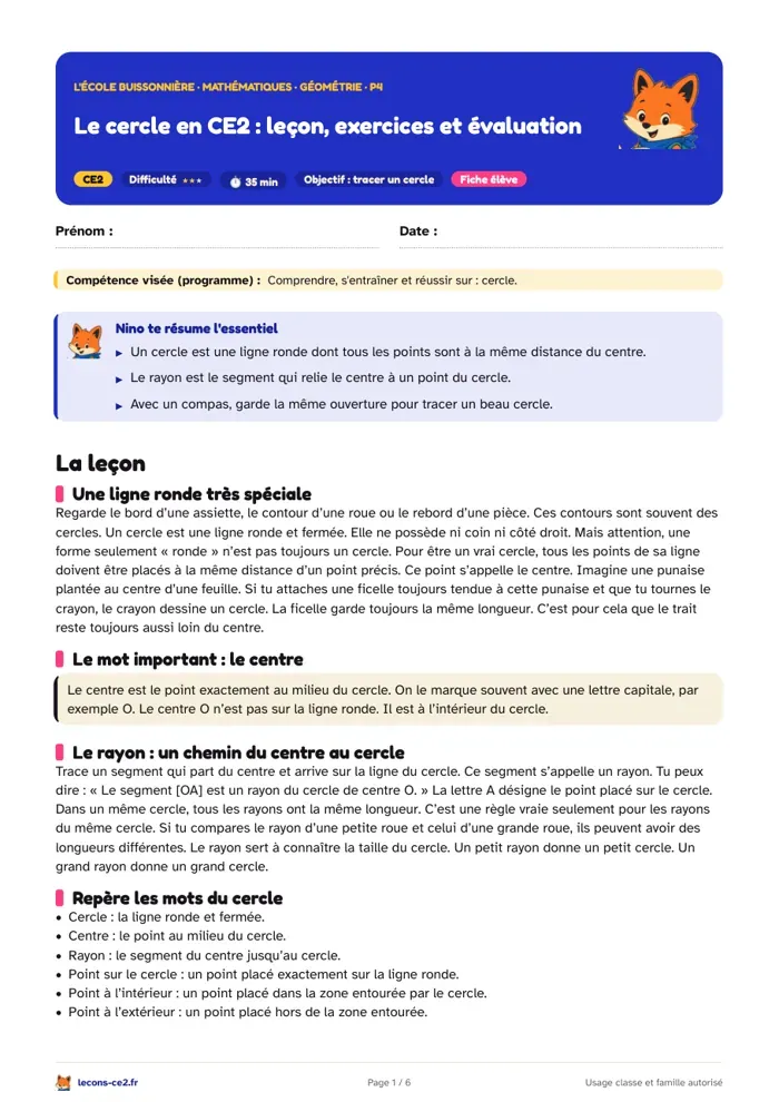 Aperçu de la fiche « Le cercle en CE2 : leçon, exercices et évaluation » en PDF