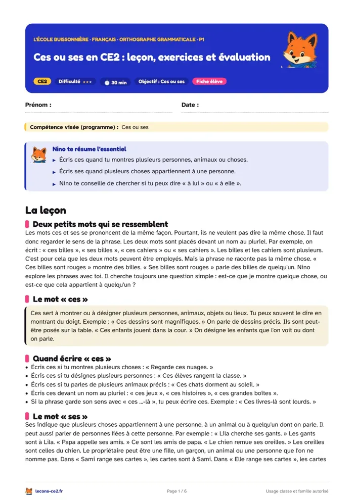 Aperçu de la fiche « Ces ou ses en CE2 : leçon, exercices et évaluation » en PDF