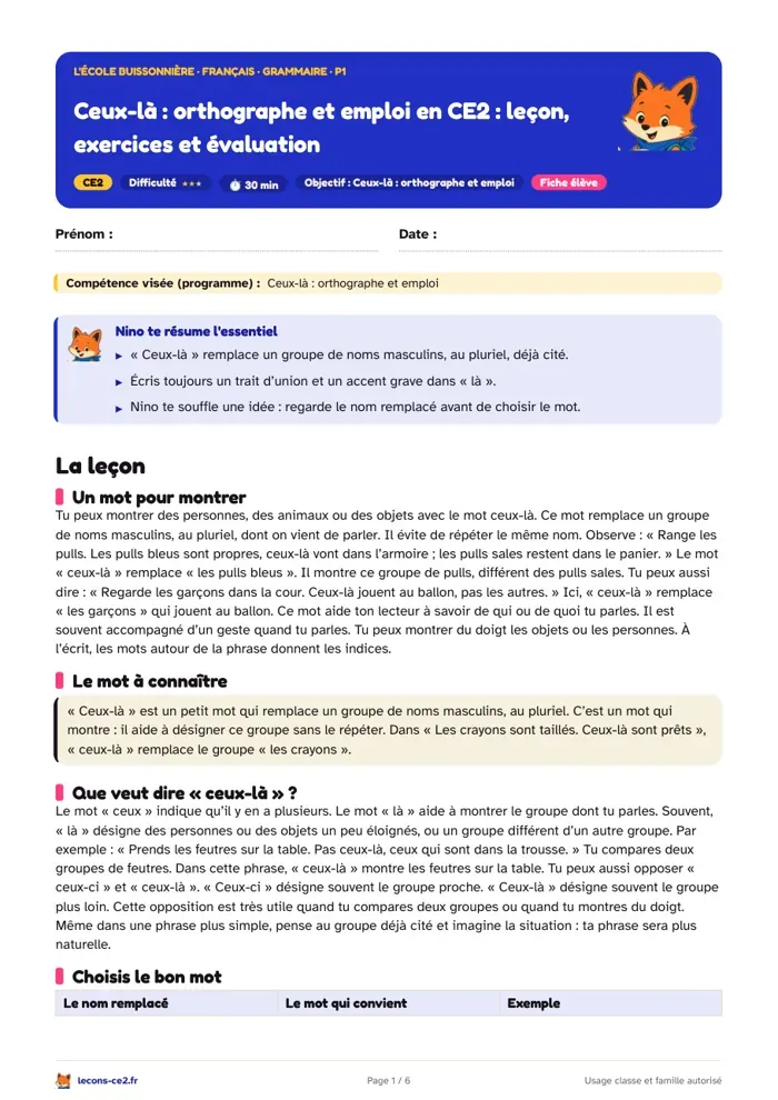 Aperçu de la fiche « Ceux-là, orthographe et emploi en CE2 : leçon, exercices et évaluation » en PDF