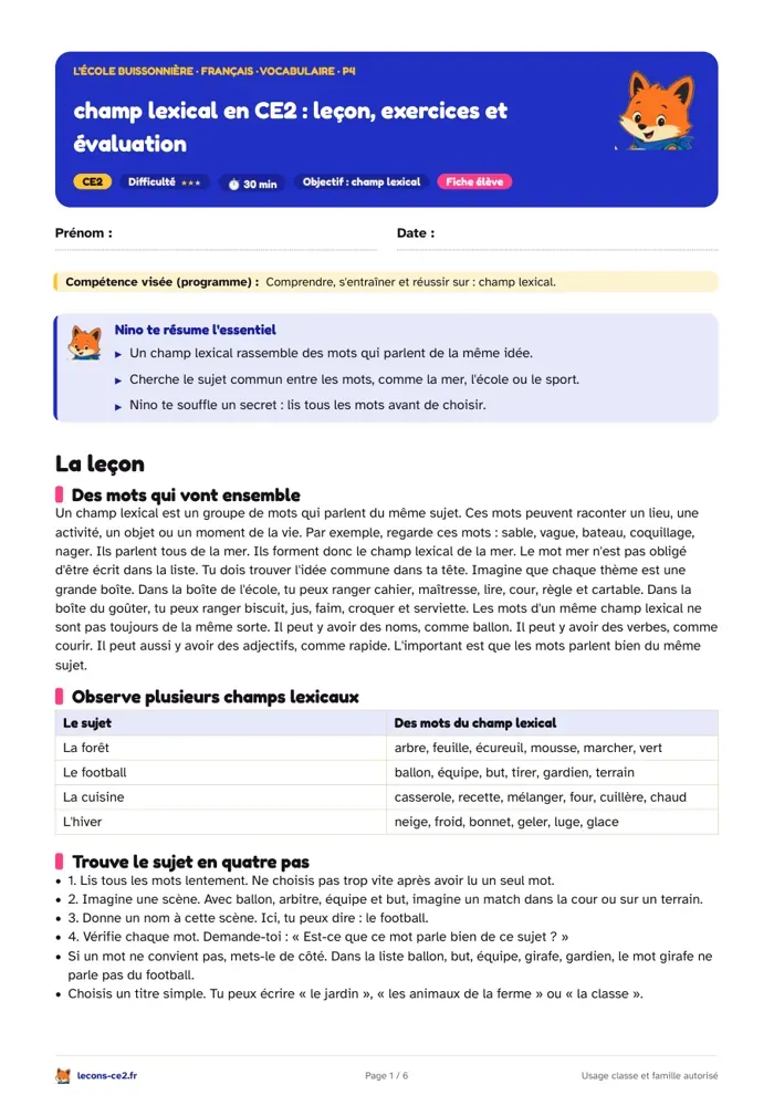 Aperçu de la fiche « Champ lexical en CE2 : leçon, exercices et évaluation » en PDF