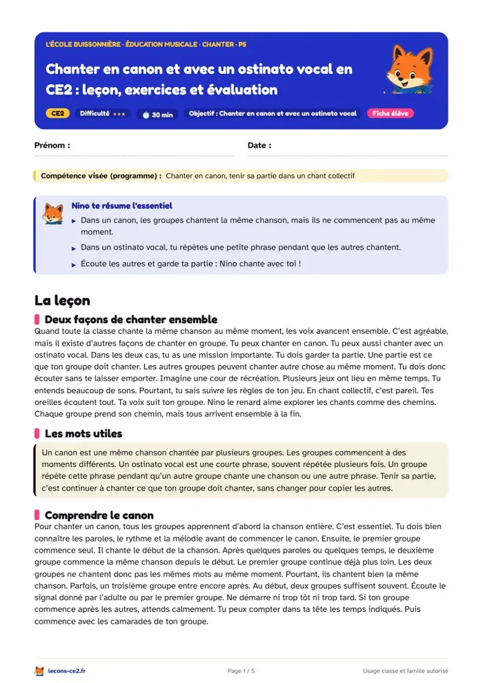 Aperçu de la fiche « Chanter en canon et avec un ostinato vocal en CE2 : leçon, exercices et évaluation » en PDF