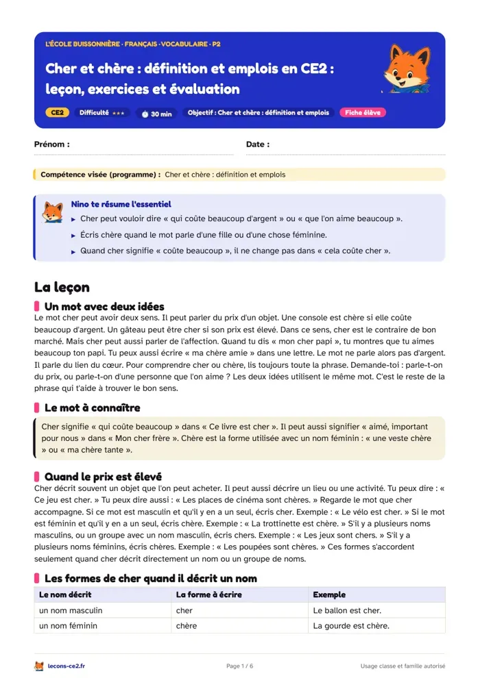 Aperçu de la fiche « Cher et chère, définition et emplois en CE2 : leçon, exercices et évaluation » en PDF