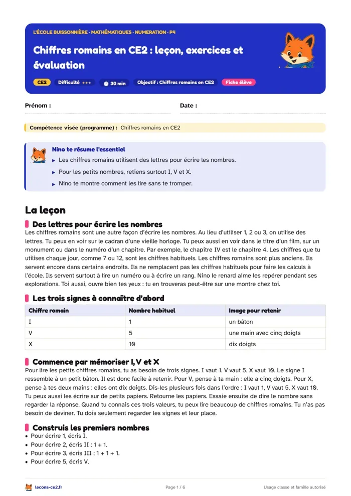 Aperçu de la fiche « Tes premiers chiffres romains en CE2, sans te tromper sur 4 et 9 » en PDF