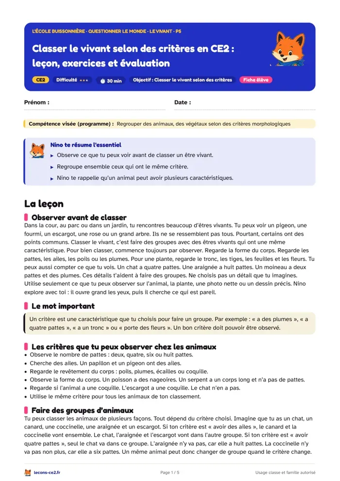 Aperçu de la fiche « Classer le vivant selon des critères en CE2 : leçon, exercices et évaluation » en PDF
