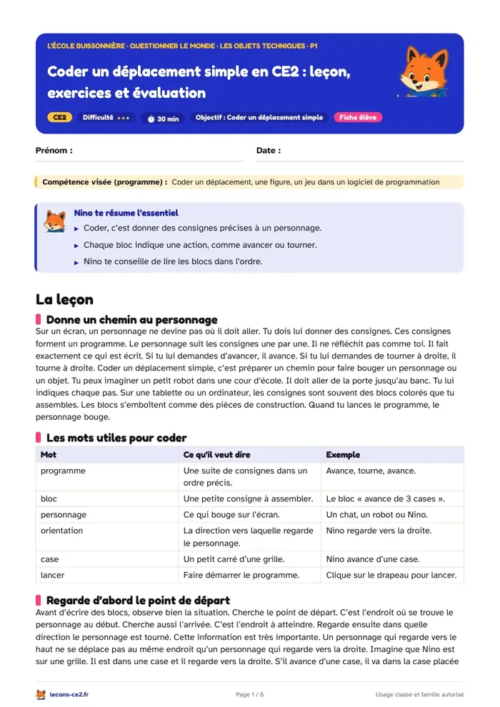 Aperçu de la fiche « Coder un déplacement simple en CE2 : leçon, exercices et évaluation » en PDF