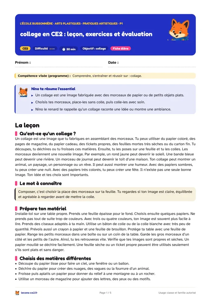 Aperçu de la fiche « Collage en CE2 : leçon, exercices et évaluation » en PDF