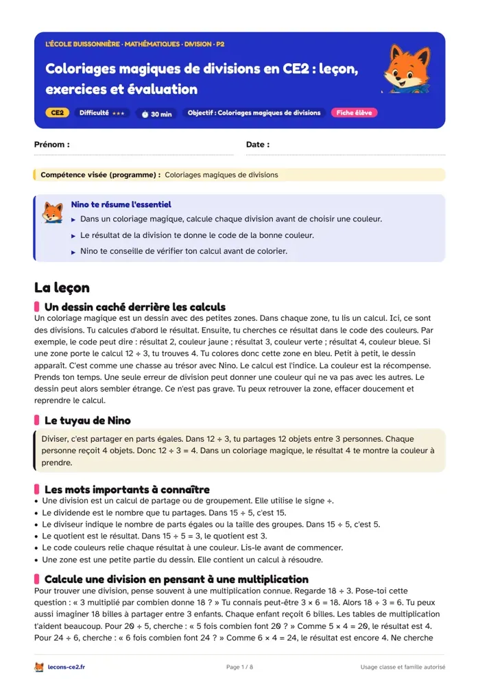 Aperçu de la fiche « Coloriages magiques de divisions en CE2 : leçon, exercices et évaluation » en PDF