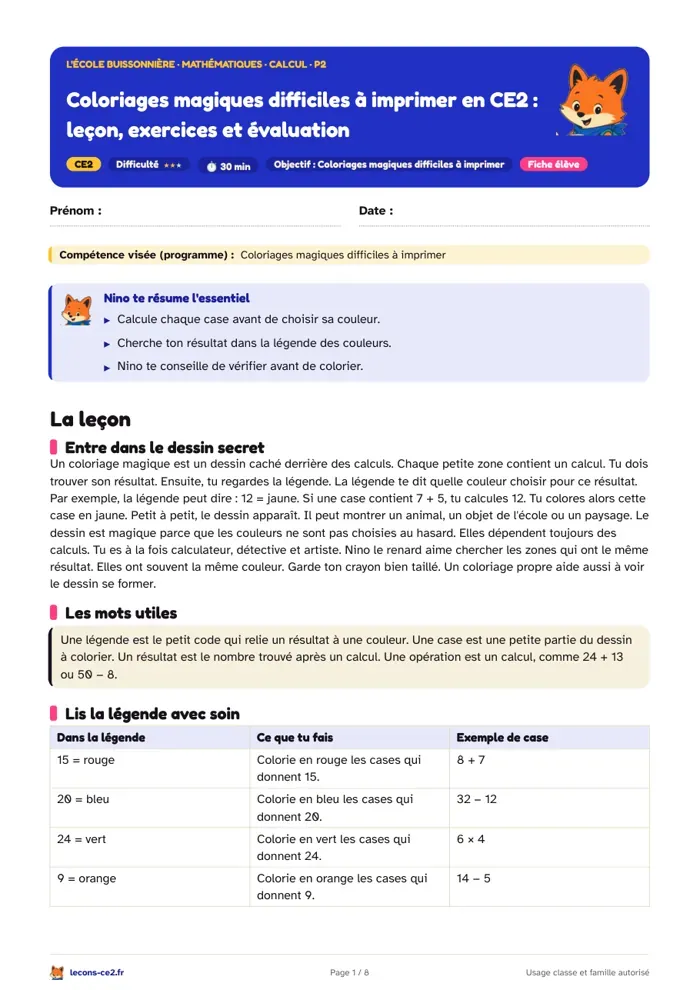Aperçu de la fiche « Coloriages magiques difficiles à imprimer en CE2 : leçon, exercices et évaluation » en PDF