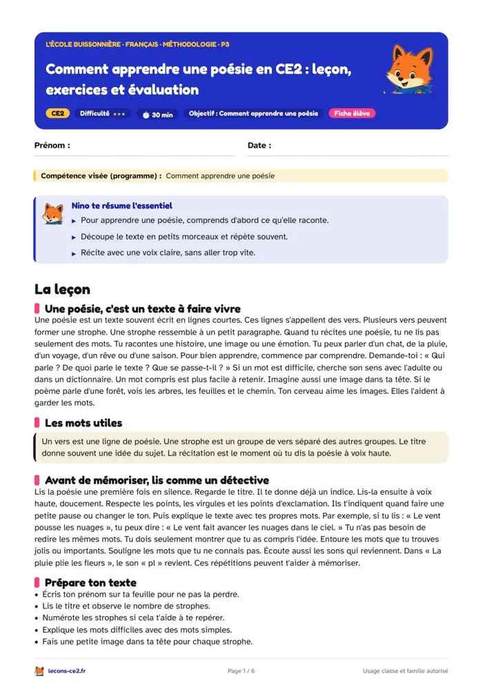 Aperçu de la fiche « Comment apprendre une poésie en CE2 : leçon, exercices et évaluation » en PDF