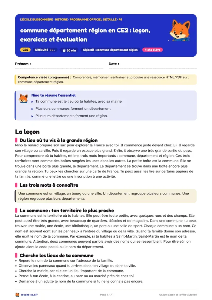 Aperçu de la fiche « Commune département région en CE2 : leçon, exercices et évaluation » en PDF