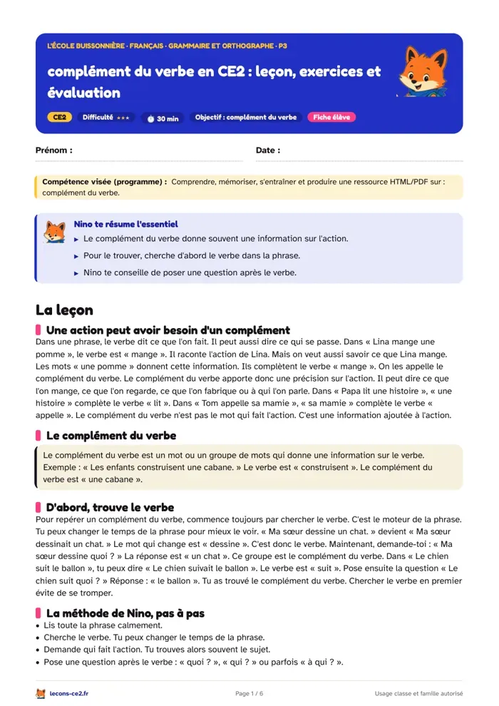 Aperçu de la fiche « Complément du verbe en CE2 : leçon, exercices et évaluation » en PDF