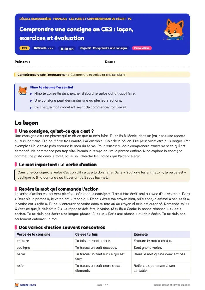 Aperçu de la fiche « Comprendre une consigne en CE2 : leçon, exercices et évaluation » en PDF