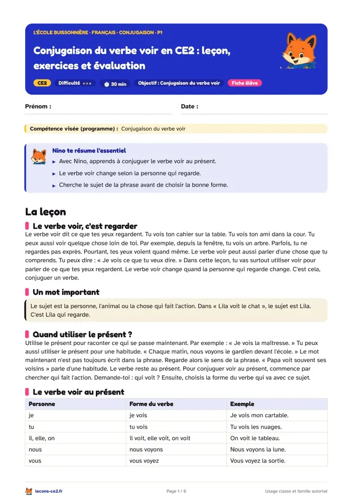 Aperçu de la fiche « Conjugaison du verbe voir en CE2 : leçon, exercices et évaluation » en PDF